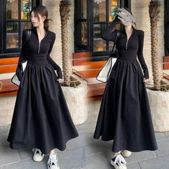Simple High Waist Zipper-Up Turtleneck A-Line Dress