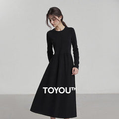 2025 Winter New Little Black Dress Spliced Crew-neck