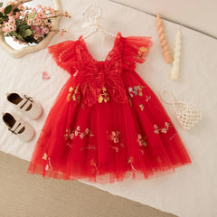 Girls' Dress Summer Floral Mesh Little Flying Sleeve Baby Girl Dress