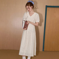 Women's French V-Neck Tea Dress Lace Trim Bow Tie