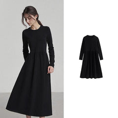 2025 Winter New Little Black Dress Spliced Crew-neck