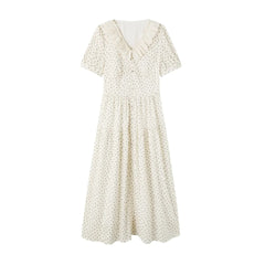 Women's French V-Neck Tea Dress Lace Trim Bow Tie