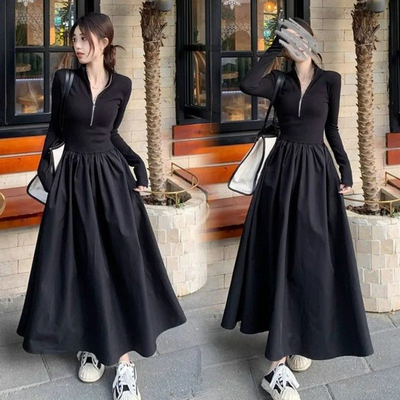Simple High Waist Zipper-Up Turtleneck A-Line Dress