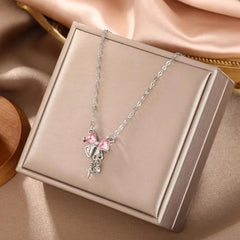 Sweet Pink Bow Necklace Ladies Fashion Sparkling Rhinestone Star