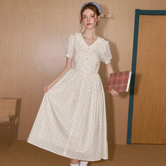 Women's French V-Neck Tea Dress Lace Trim Bow Tie
