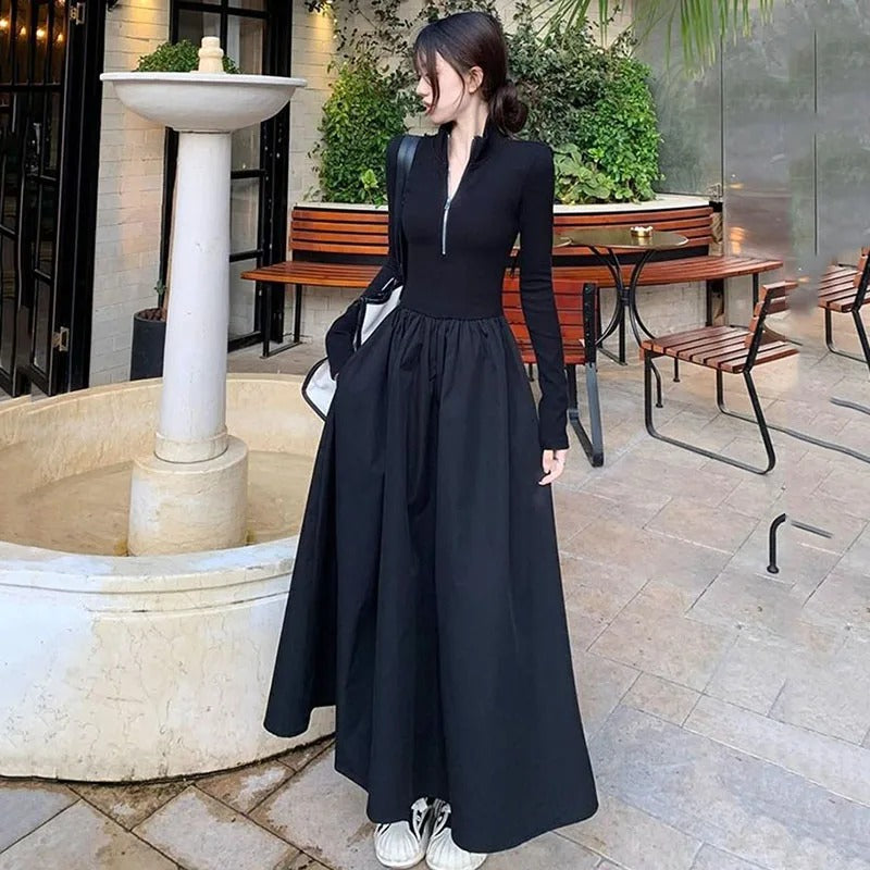 Simple High Waist Zipper-Up Turtleneck A-Line Dress