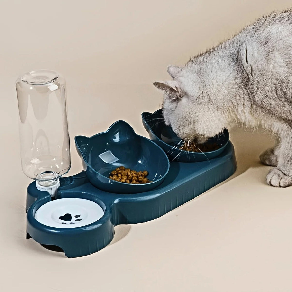 3 In 1 Ear Design Tilted Cat Water And Food Bowl Set With Gravity