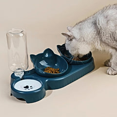 3 In 1 Ear Design Tilted Cat Water And Food Bowl Set With Gravity