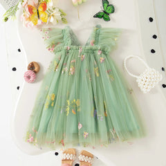 Girls' Dress Summer Floral Mesh Little Flying Sleeve Baby Girl Dress