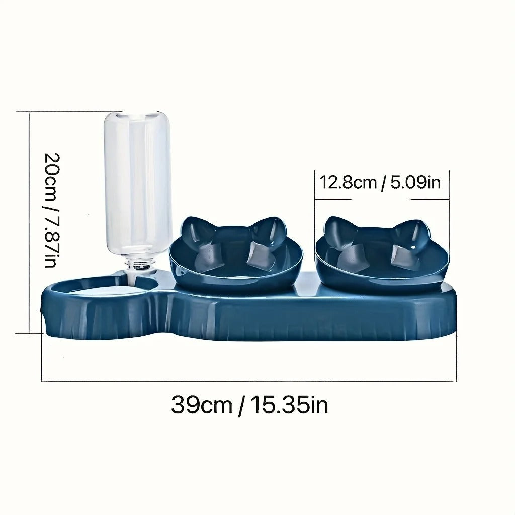 3 In 1 Ear Design Tilted Cat Water And Food Bowl Set With Gravity