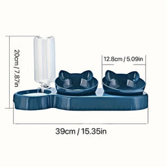 3 In 1 Ear Design Tilted Cat Water And Food Bowl Set With Gravity