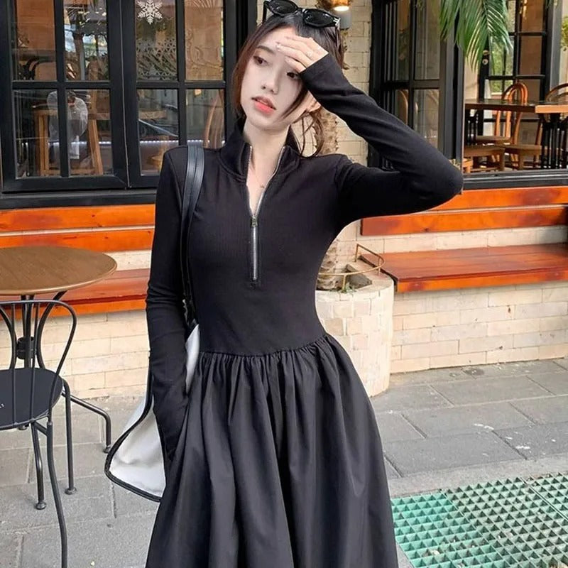 Simple High Waist Zipper-Up Turtleneck A-Line Dress
