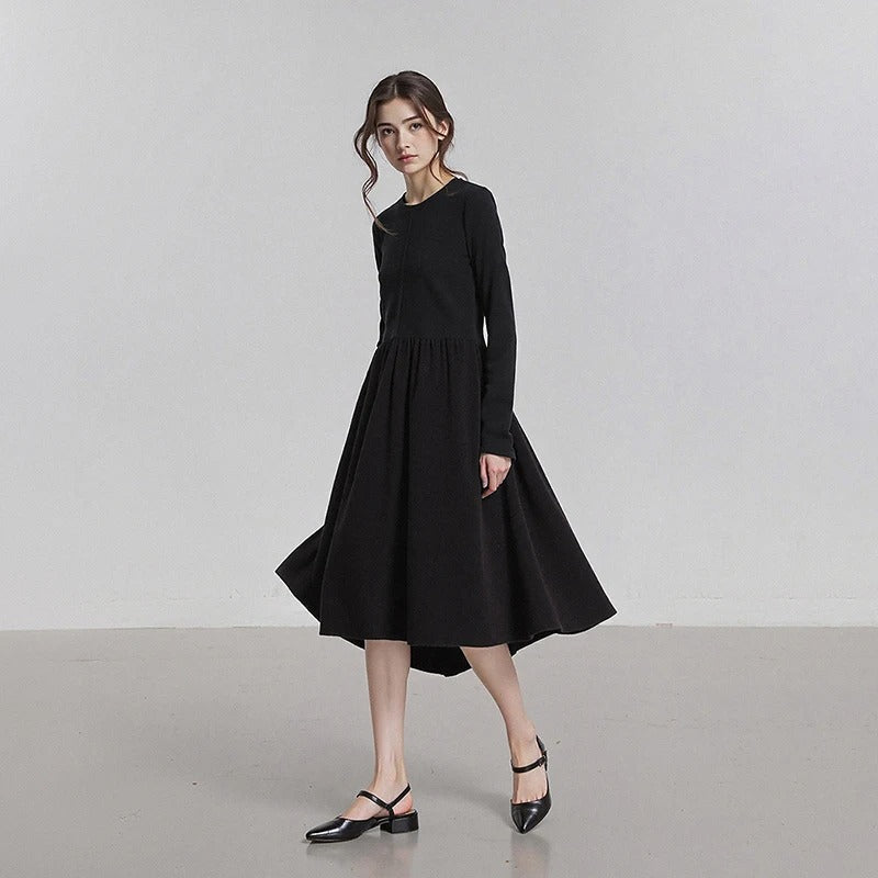 2025 Winter New Little Black Dress Spliced Crew-neck