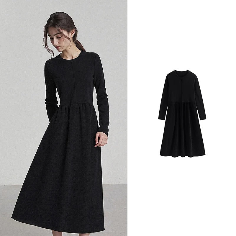 2025 Winter New Little Black Dress Spliced Crew-neck