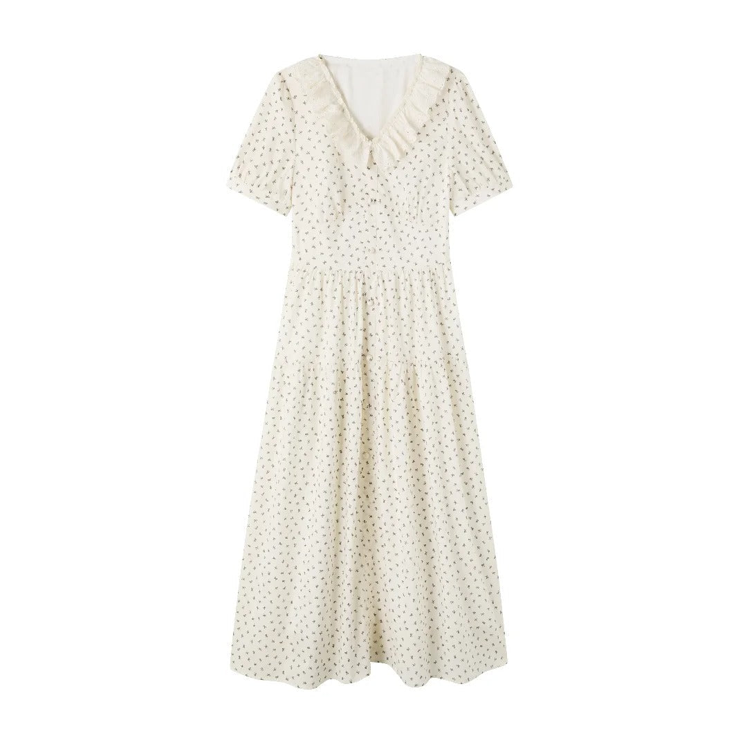 Women's French V-Neck Tea Dress Lace Trim Bow Tie