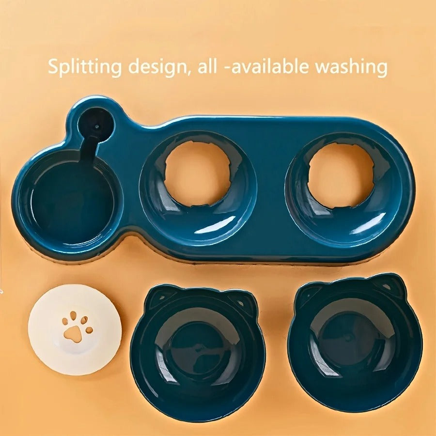 3 In 1 Ear Design Tilted Cat Water And Food Bowl Set With Gravity